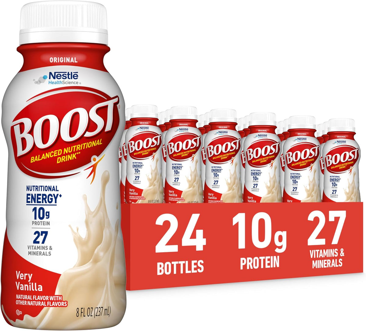 BOOST Original Nutritional Shake in Very Vanilla flavor, ready-to-drink bottle, 24-pack, ideal for balanced nutrition and on-the-go.