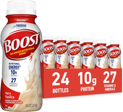 BOOST Original Nutritional Shake in Very Vanilla flavor, ready-to-drink bottle, 24-pack, ideal for balanced nutrition and on-the-go.