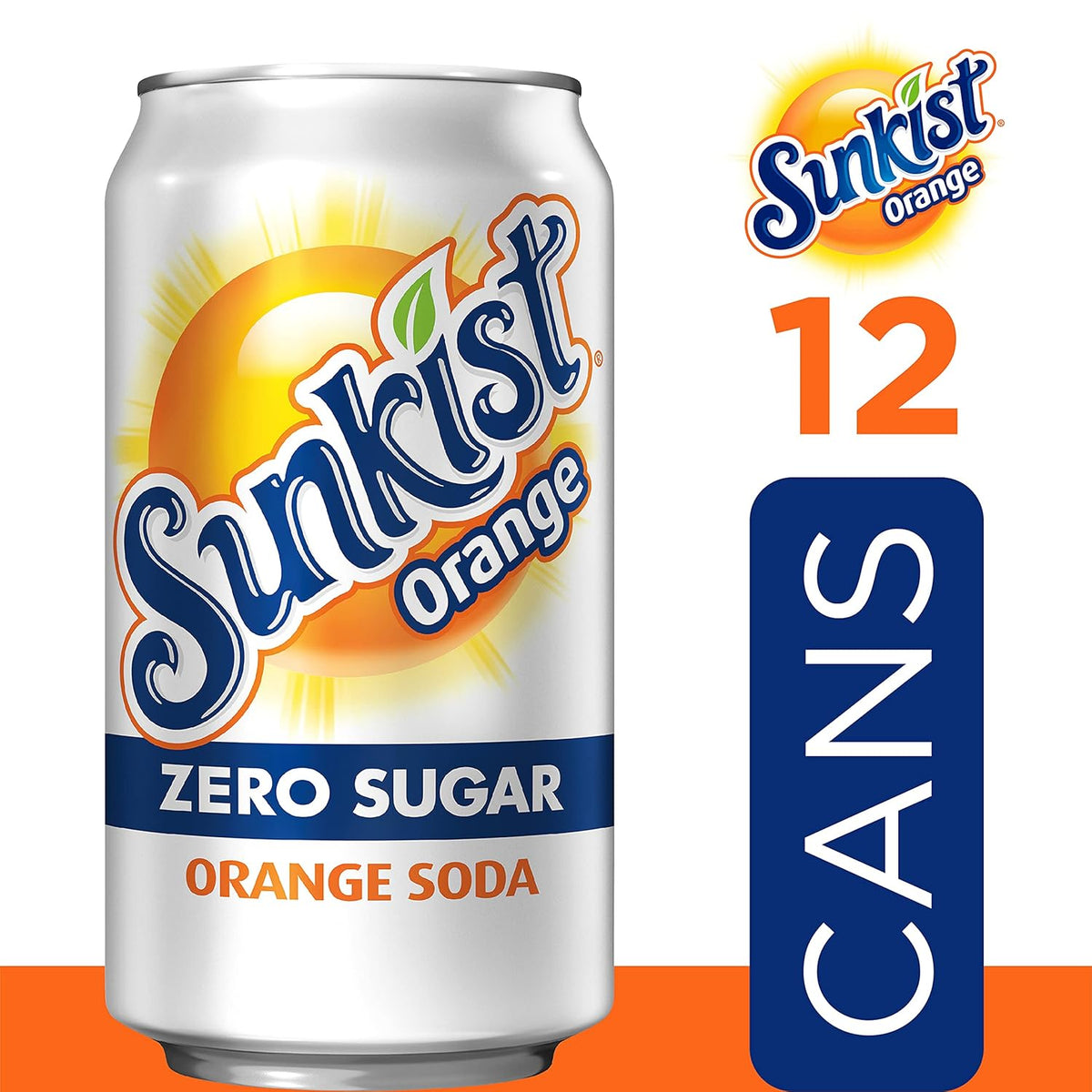 12 cans of Dr Pepper Sunkist Zero Sugar Orange Soda, 12 fl oz each, showcasing bright orange soda in cans.