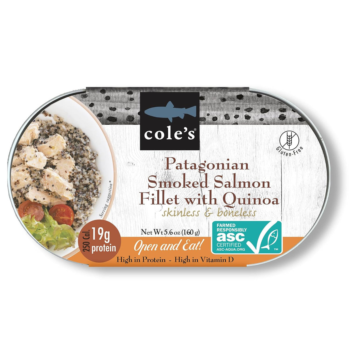 Cole’s Ready to Eat Meals variety pack featuring 5.6 oz smoked salmon and trout with quinoa and vegetables in hand-packed cans.