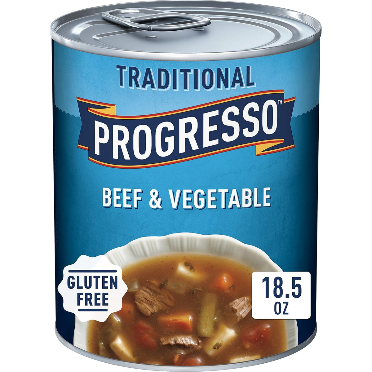 Cans of Progresso Traditional Chicken Noodle Soup, 19 oz, four-pack, showing the soup cans with labels and packaging