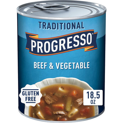 Cans of Progresso Traditional Chicken Noodle Soup, 19 oz, four-pack, showing the soup cans with labels and packaging