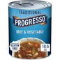 Cans of Progresso Traditional Chicken Noodle Soup, 19 oz, four-pack, showing the soup cans with labels and packaging