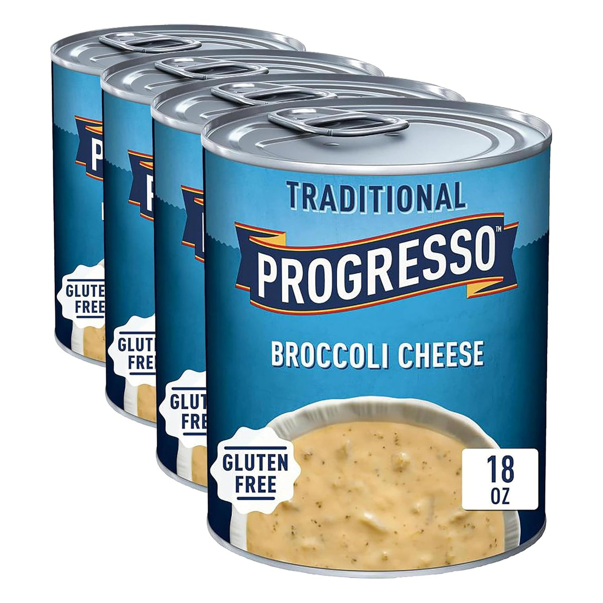 Progresso traditional chicken noodle canned soup in a 19 oz four-pack, featuring a bowl of soup with chicken noodles and vegetables