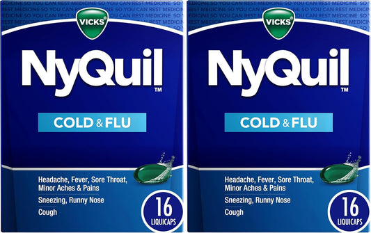 Vicks NyQuil Cold & Flu Relief over-the-counter medicine in 16 liquicaps, showing the Vicks NyQuil box and liquicaps.