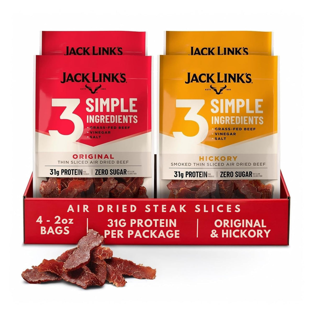 Jack Link's beef jerky slices in original and hickory smoked flavors, 2 oz packs, arranged in a 4-pack display.