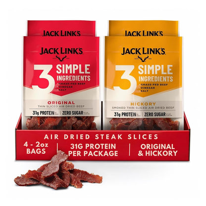 Jack Link's beef jerky slices in original and hickory smoked flavors, 2 oz packs, arranged in a 4-pack display.