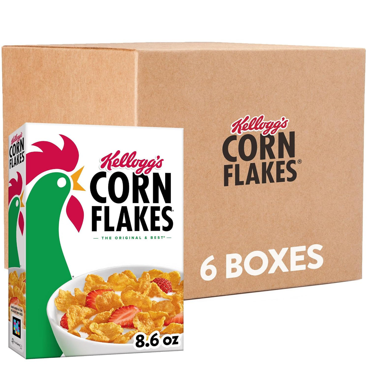 Kellogg's Corn Flakes Original giant size breakfast cereal box with crunchy corn flakes in a bowl, 24 oz size.
