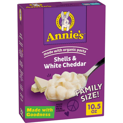 Pack of four Annie's Homegrown Shells & White Cheddar organic mac and cheese with real cheese in 24 oz package.