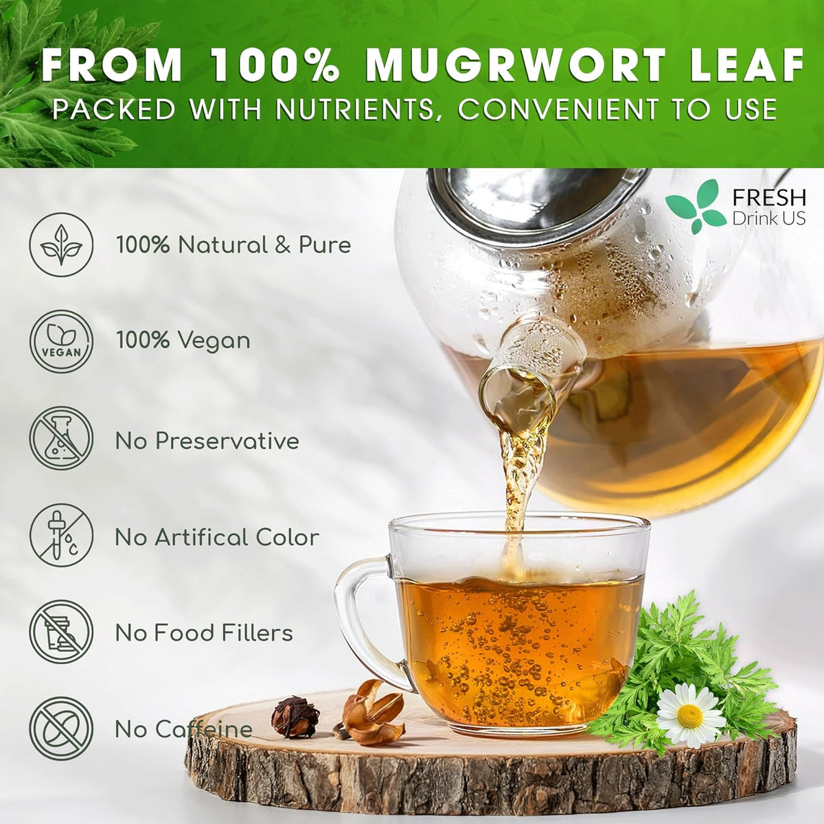 Mugwort Leaf Tea Bags, 100% Natural and Pure Mugwort Leaves, Loose Leaf Mugwort Herbal Tea, Mugwort Leaf Tea, No Sugar, No Caffeine, No Gluten, Vegan.
