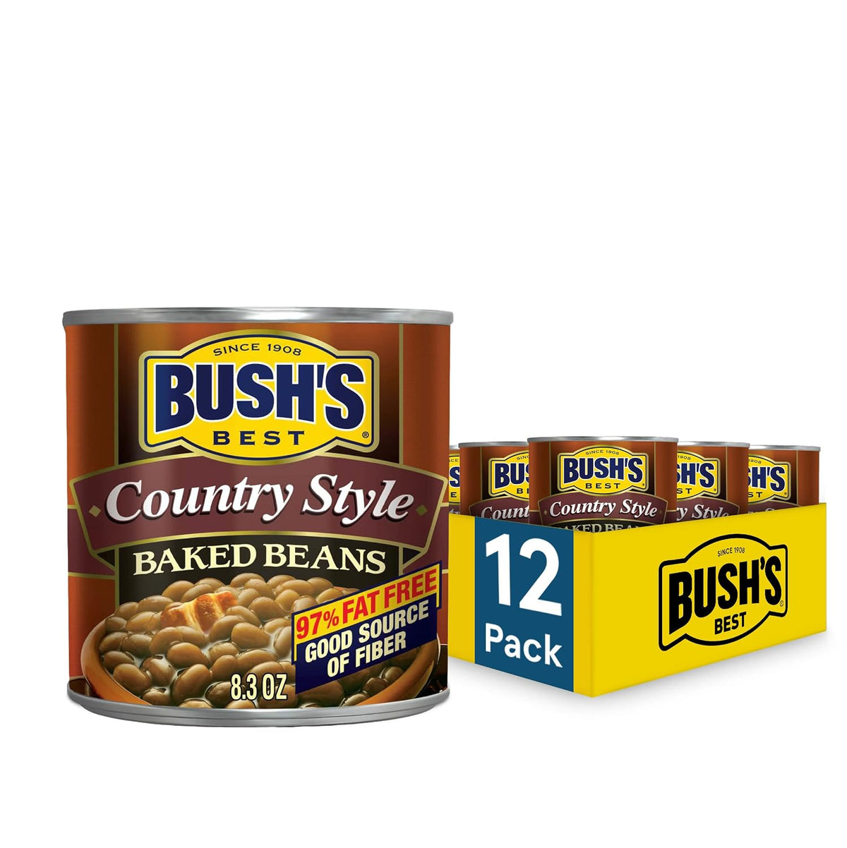 Canned Bush's Best Maple Cured Bacon Baked Beans in 16 oz can, pack of 12, with baked beans featuring bacon and maple flavor.