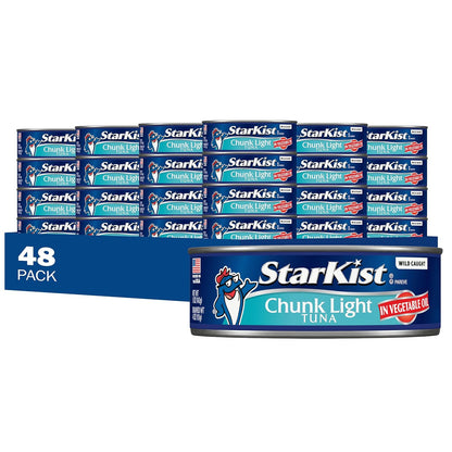 Eight 5oz cans of StarKist Chunk Light Tuna in Water, pantry storage pack, with labels visible on the canned tuna.