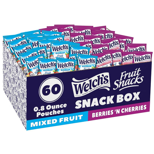 Welch's Fruit Snacks gummies with mixed fruit, berries, and cherries in a 0.8 oz, 60-count bag showing colorful fruit shapes.