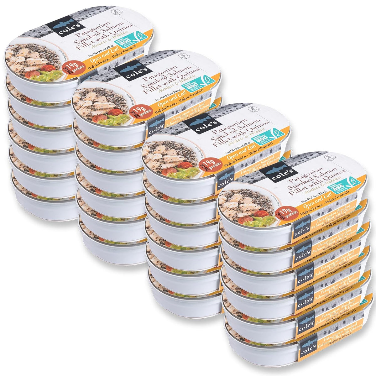 Cole’s Open & Eat Meals variety pack featuring smoked salmon, trout, quinoa, and vegetables in ready-to-eat, high-protein cans.