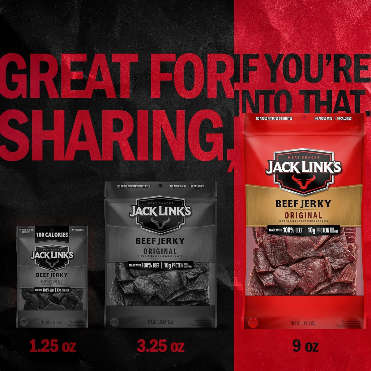 Jack Link's Original Beef Jerky Multipack, two 9 oz packs of savory beef jerky on a wooden surface.