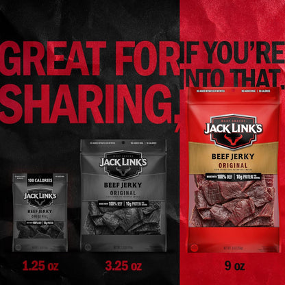 Jack Link's Original Beef Jerky Multipack, two 9 oz packs of savory beef jerky on a wooden surface.