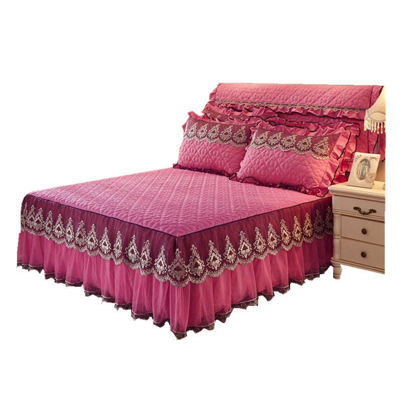 Quilted lace bed skirt bed liner in a white floral design