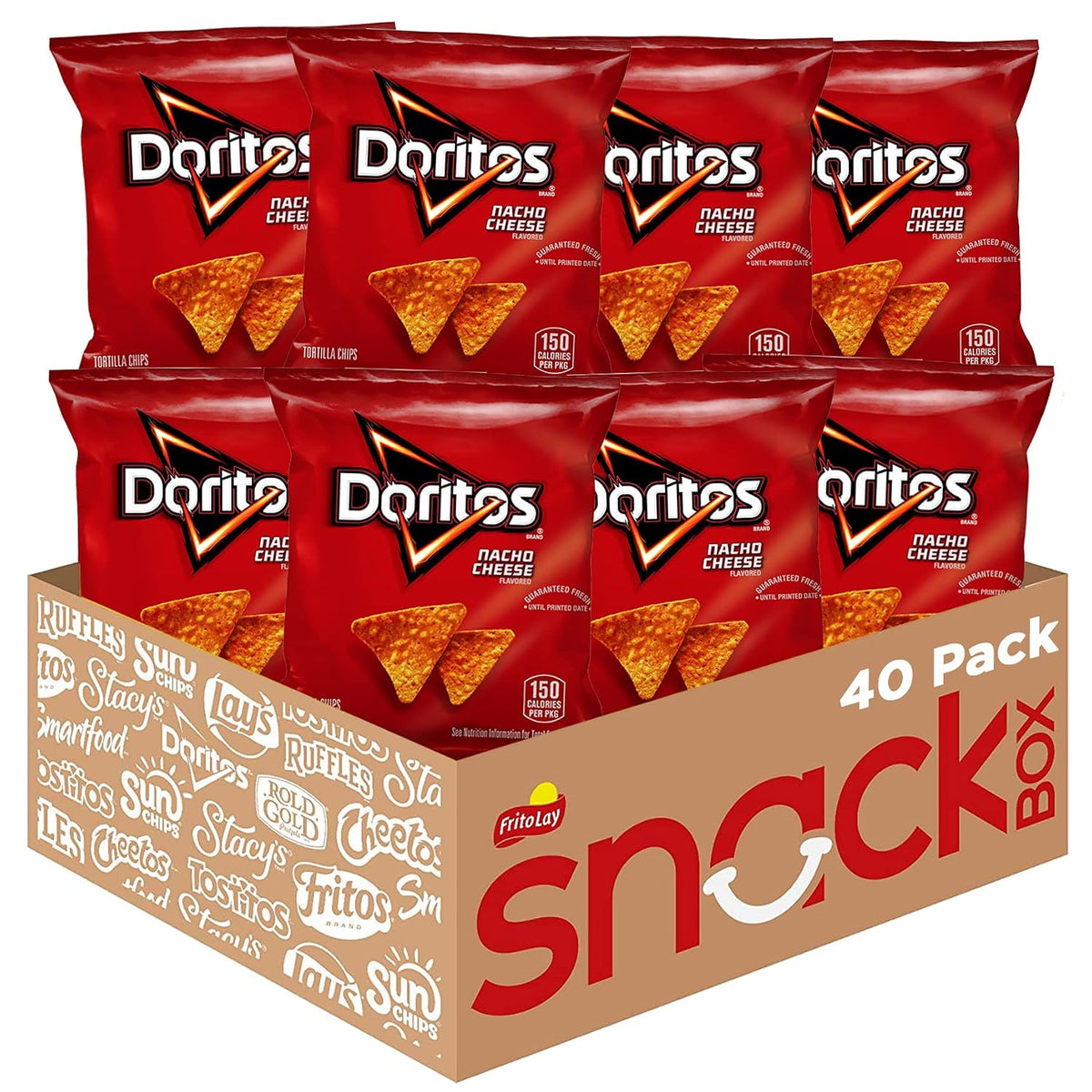 Doritos Nacho Cheese flavored tortilla chips in a 1-ounce pack, displayed in a pack of 40 bags.