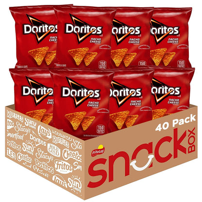 Doritos Nacho Cheese flavored tortilla chips in a 1-ounce pack, displayed in a pack of 40 bags.