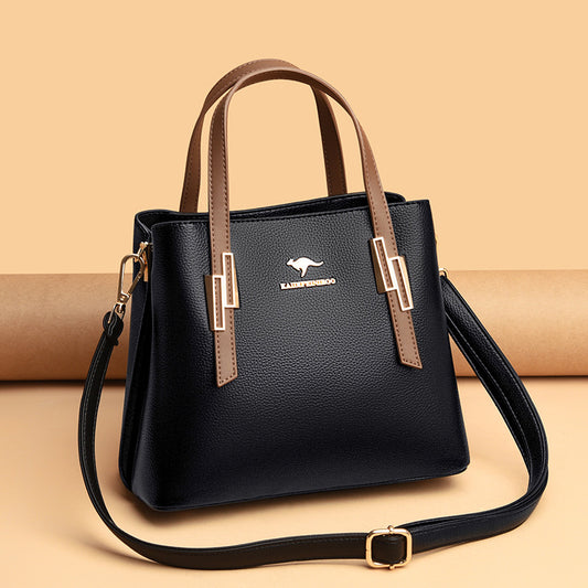 Large capacity women's shoulder bag by BACKUPMYFILESNOW® with multiple compartments and adjustable strap, shown in black leather.