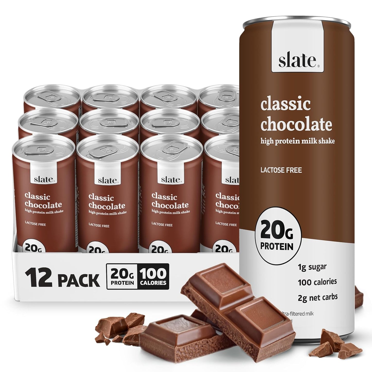 Slate Milk high protein milk shakes and iced coffees in chocolate, mocha, vanilla flavors, lactose-free, 20g protein, 11 fl oz cans