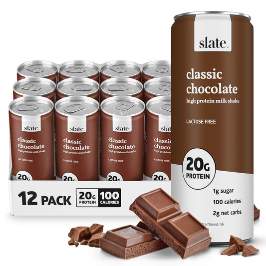 Slate Milk high protein milk shakes and iced coffees in chocolate, mocha, vanilla flavors, lactose-free, 20g protein, 11 fl oz cans