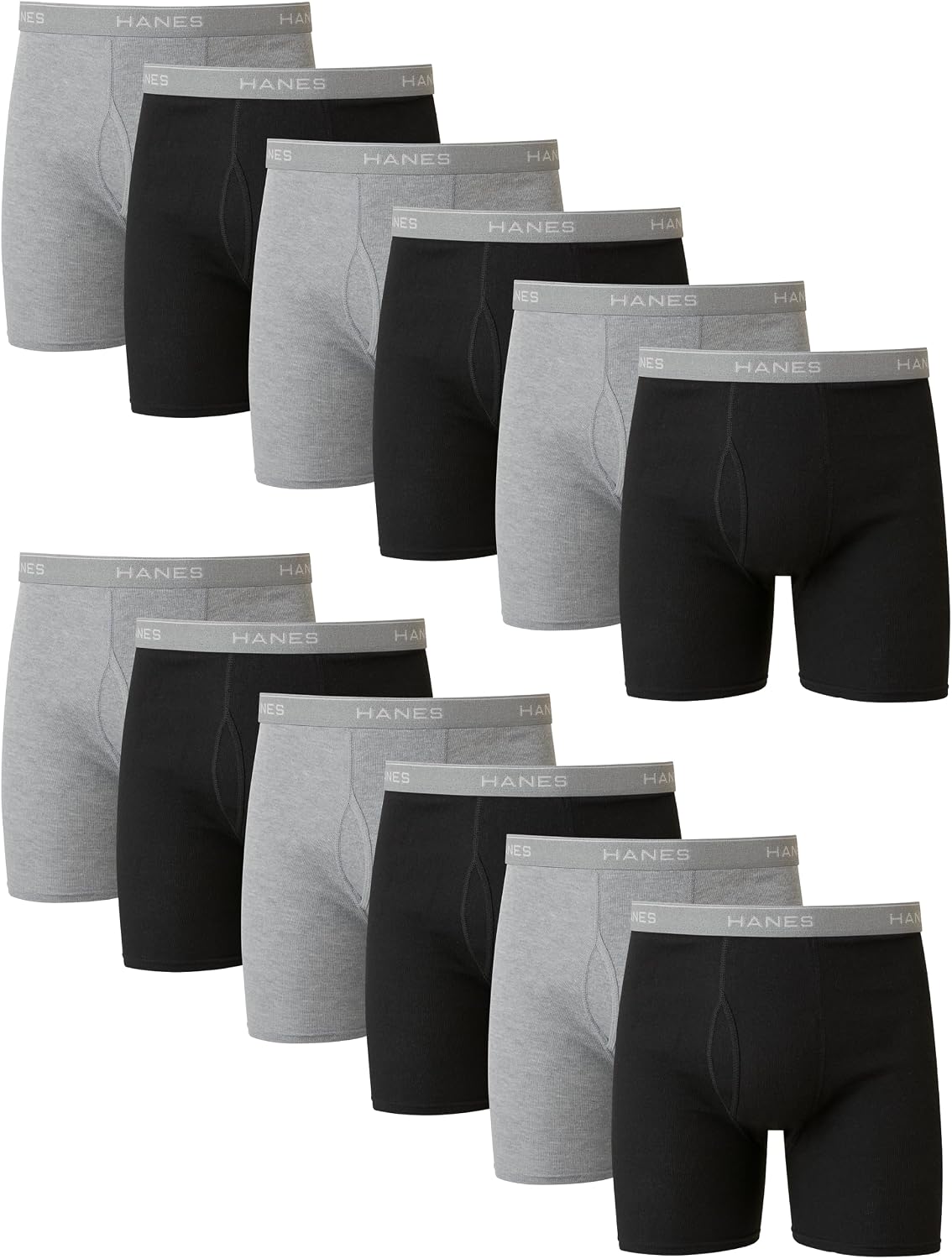 Hanes men's boxer briefs pack featuring cool, breathable cotton moisture-wicking underwear with no ride-up fit.
