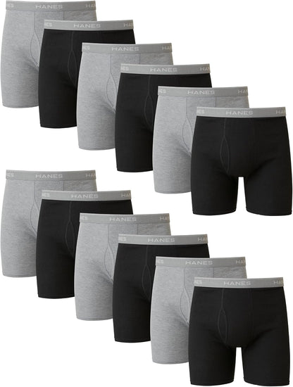 Hanes men's boxer briefs pack featuring cool, breathable cotton moisture-wicking underwear with no ride-up fit.