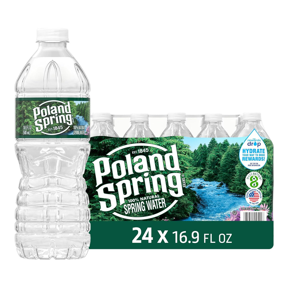 Poland Spring half pint natural spring water bottles in a 12-pack, showcasing clear bottles and label with spring water.