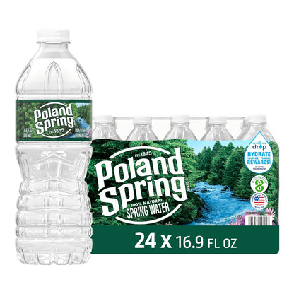 Poland Spring half pint natural spring water bottles in a 12-pack, showcasing clear bottles and label with spring water.