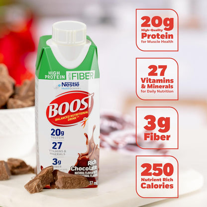 BOOST High Protein with Fiber Chocolate Nutritional Shake, 24-pack, creamy chocolate flavor in a convenient protein shake bottle.