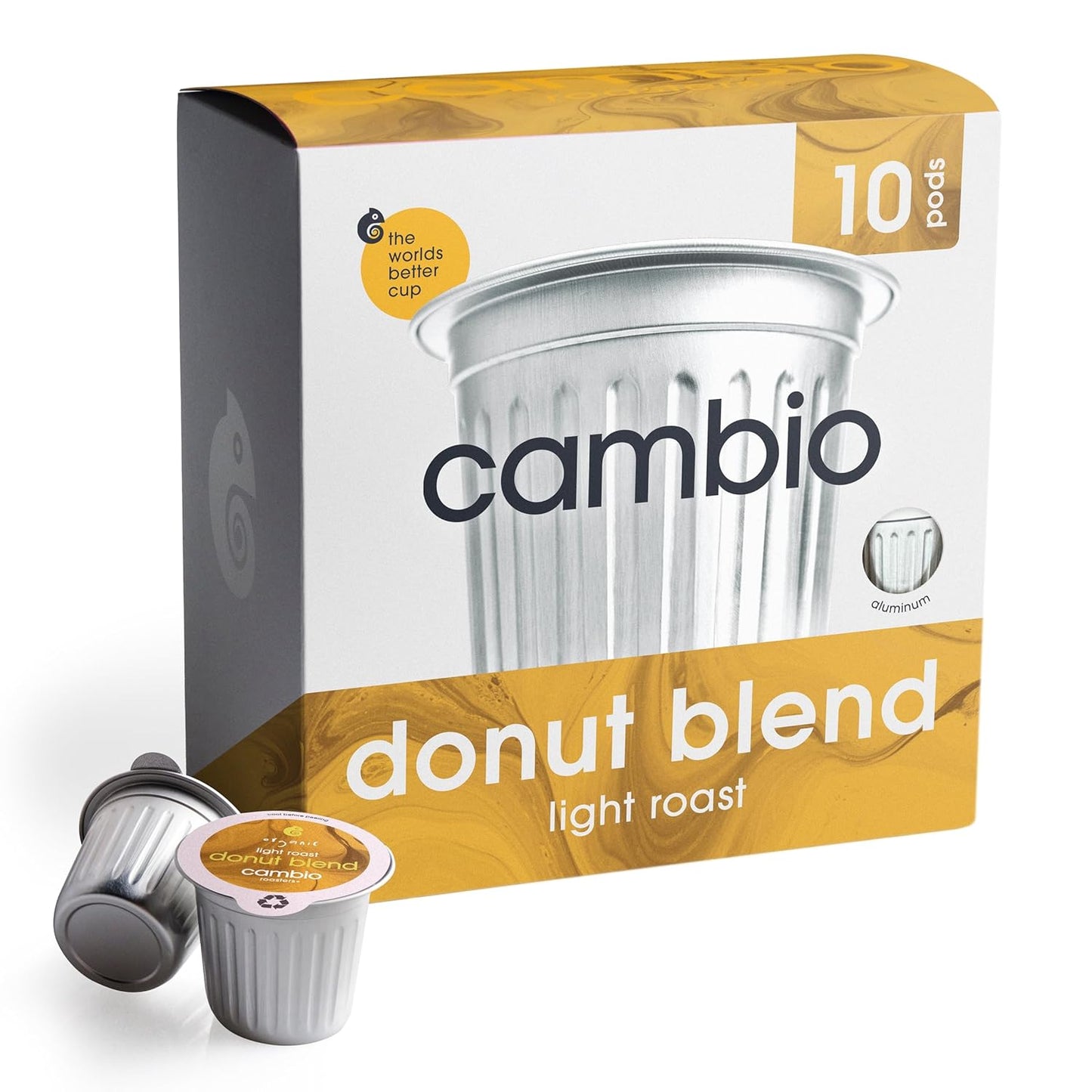 Cambio Roasters Colombian medium roast organic coffee pods in recyclable aluminum, Keurig compatible, 60-count box with bold flavor.