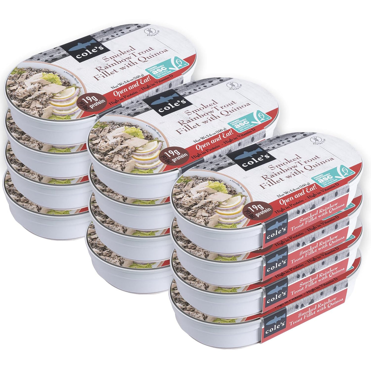 Cole's Open & Eat Meals variety pack featuring 5.6 oz smoked salmon and trout with quinoa and vegetables in ready-to-eat cans