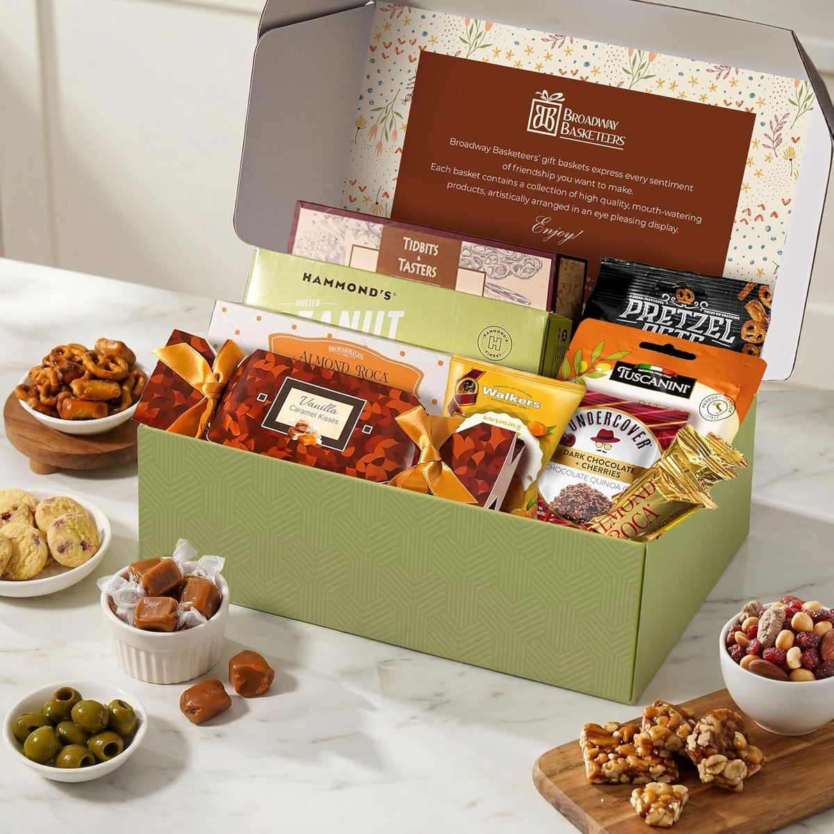 Broadway Basketeers sympathy snack gift box with assorted comforting treats in a care package for condolence support.
