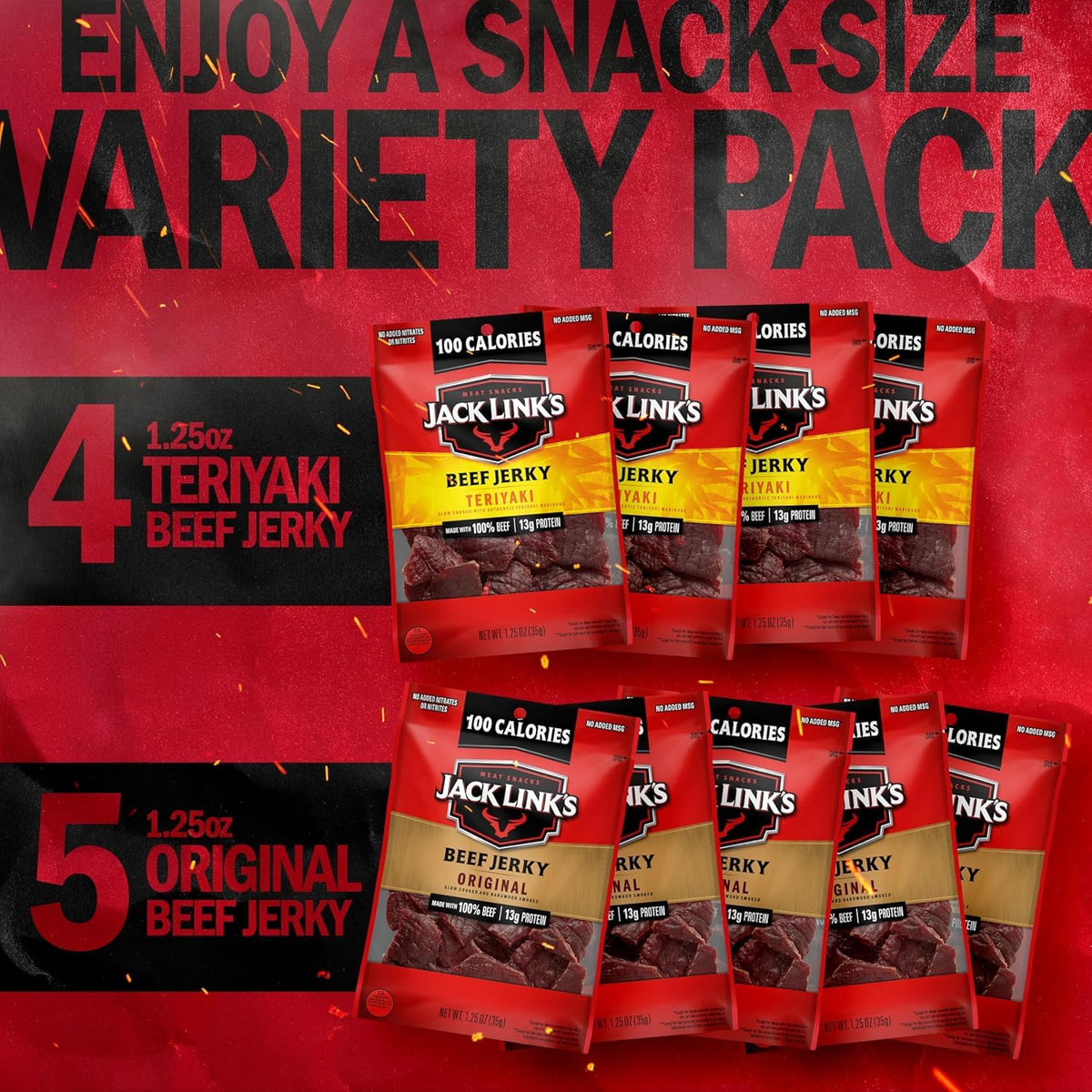 Jack Link's Beef Jerky Variety Pack with original and teriyaki flavors, 9-pack of 1.25 oz each, in resealable packaging.