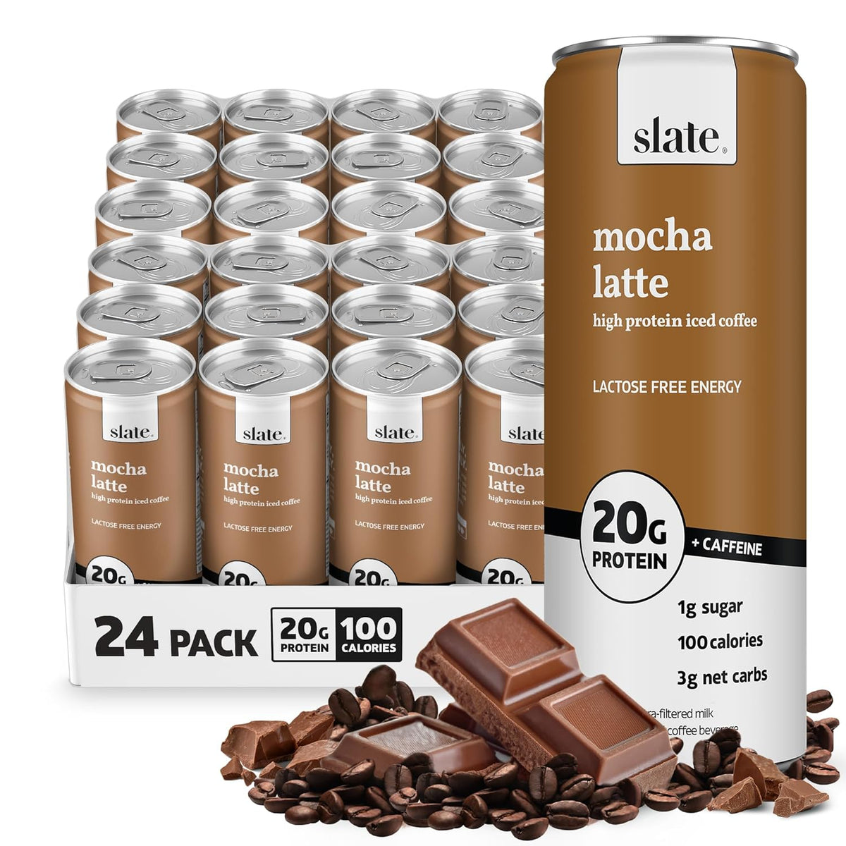 Slate Milk high protein milk shakes and iced coffees in chocolate, mocha, vanilla flavors, lactose free, 20g protein, 11 fl oz cans