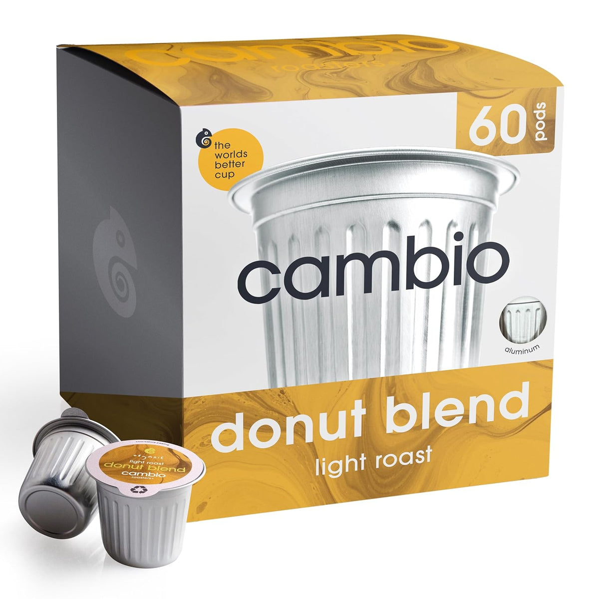 Cambio Roasters Colombian medium roast organic coffee pods in recyclable aluminum, compatible with Keurig, 60-count, bold flavor.