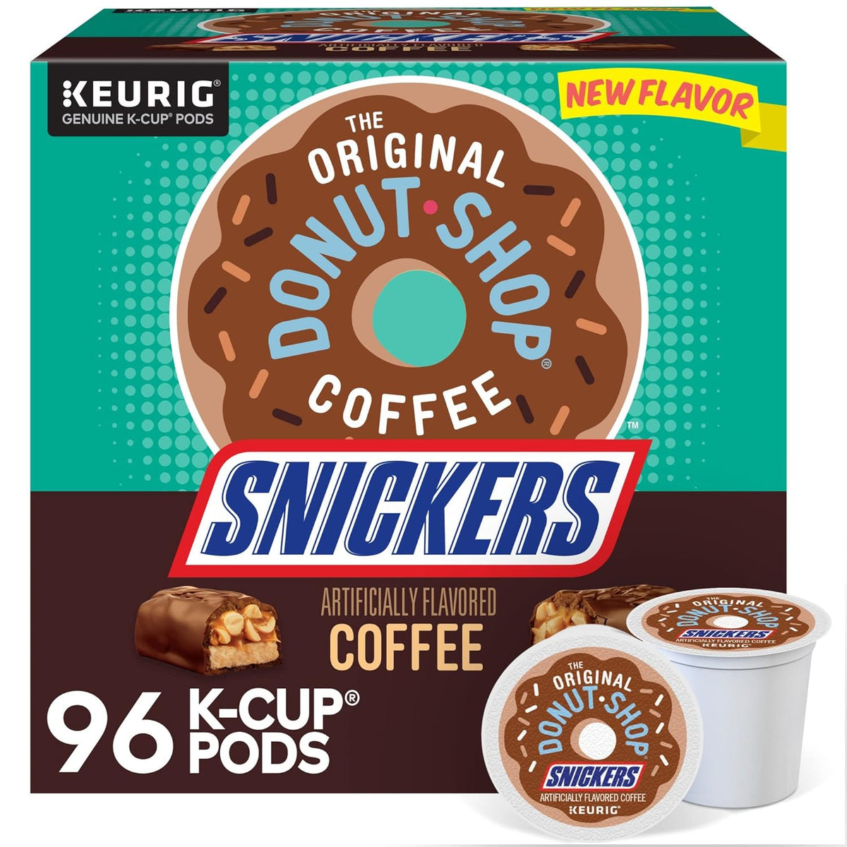 KupofK Coffee's The Original Donut Shop Snickers K-cup coffee box, featuring a bulk pack of coffee pods with Snickers-inspired flavor.