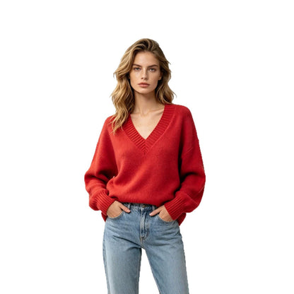 Women's loose-fit V-neck casual knit sweater in a versatile solid color, front view
