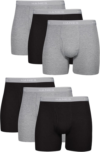 Hanes men's boxer briefs pack with breathable cotton fabric, moisture-wicking underwear, designed for comfort and no ride-up fit.