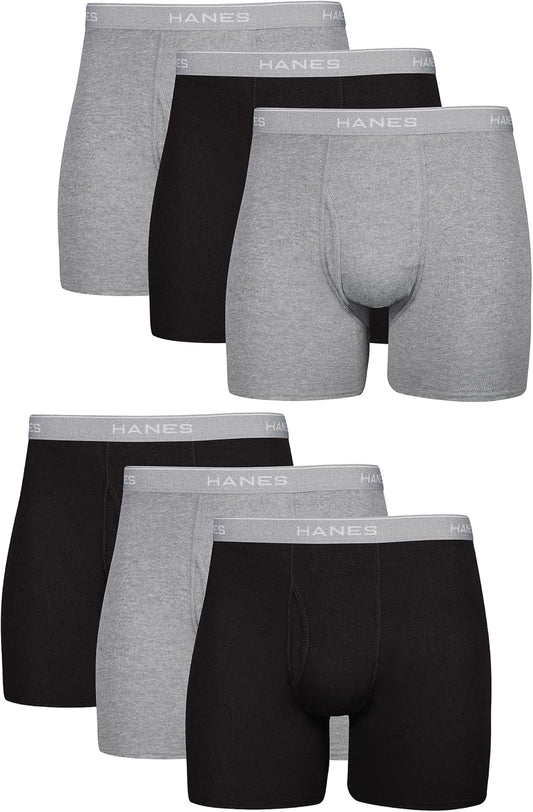 Hanes men's boxer briefs pack with breathable cotton fabric, moisture-wicking underwear, designed for comfort and no ride-up fit.