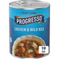 Canned Progresso Traditional Chicken Noodle Soup pack with four 19 oz cans, featuring chicken, noodles, and vegetables in broth.