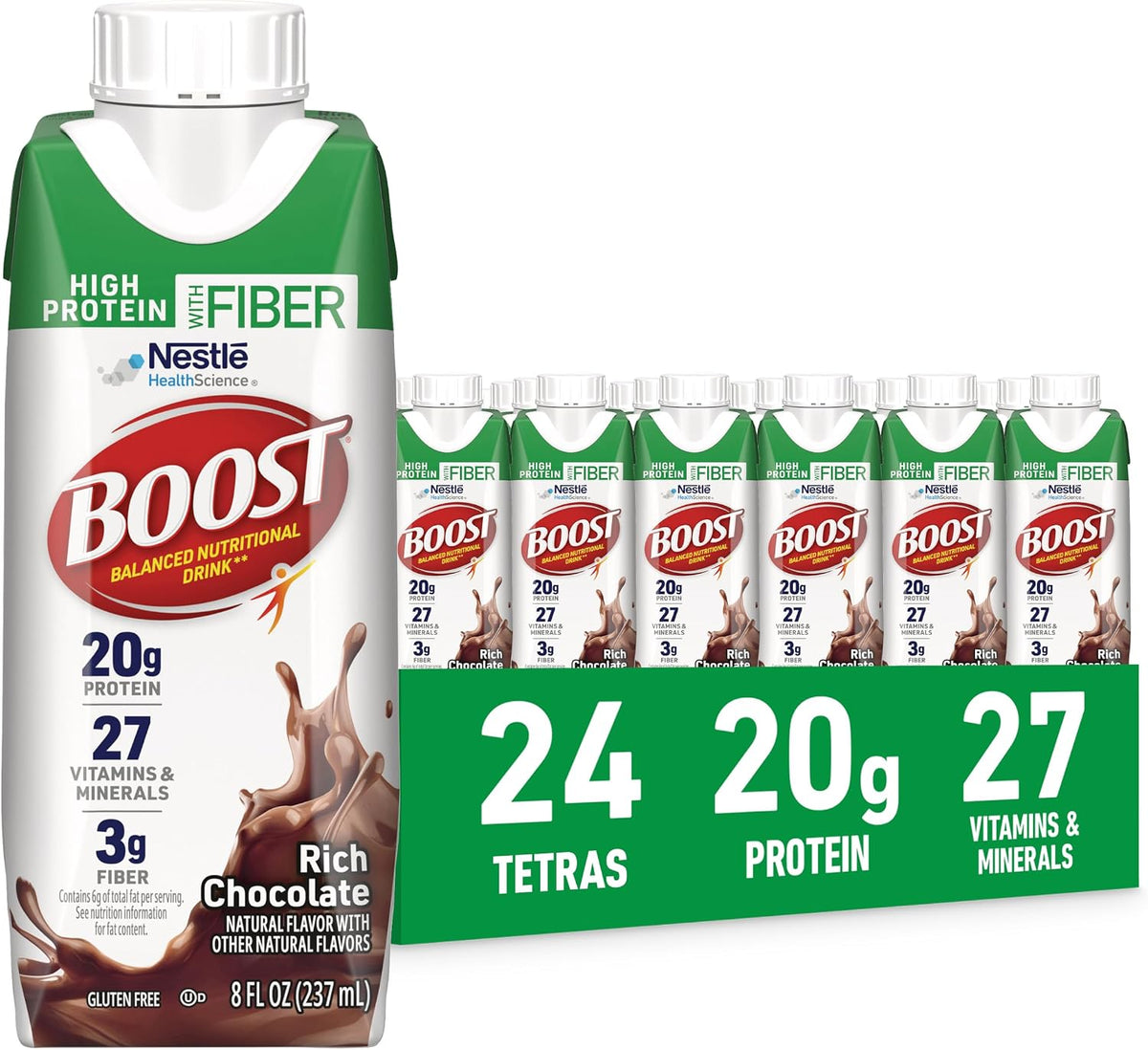 BOOST High Protein with Fiber Strawberry Nutritional Shake, 24-pack, showing a glass of strawberry-flavored shake with fresh strawberries.