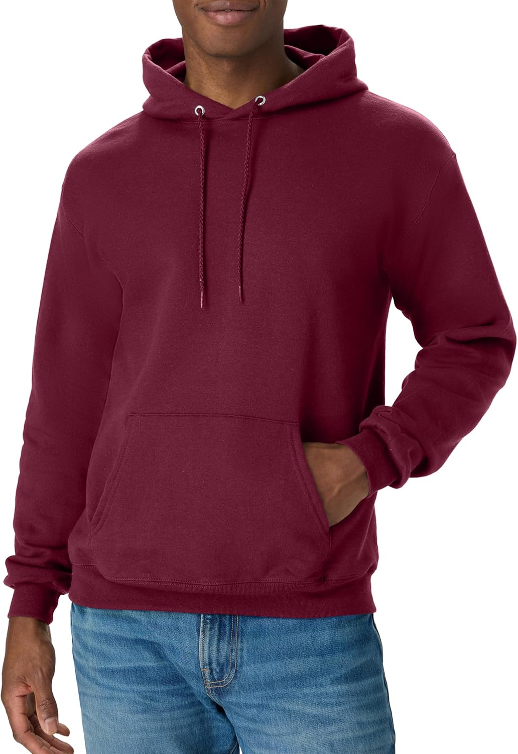 Hanes men's EcoSmart fleece hoodie with hood, front pocket, and drawstrings, available in big and tall sizes.
