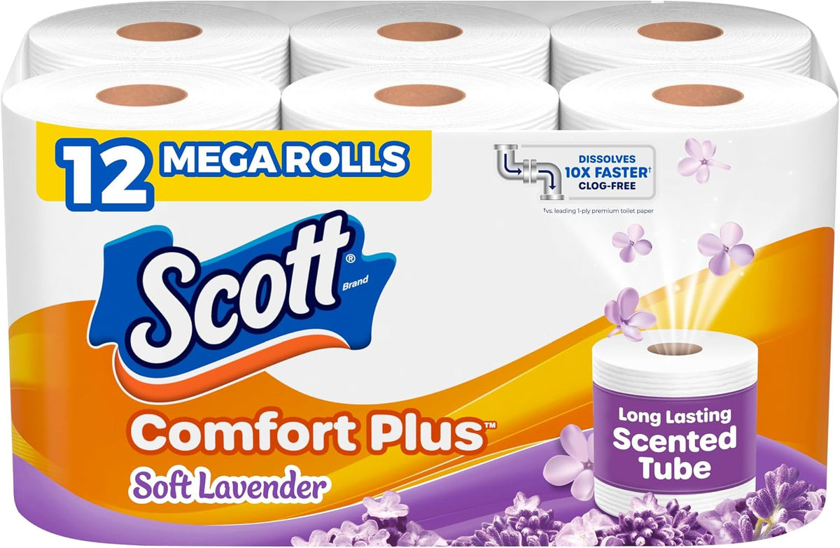 Scott ComfortPlus toilet paper, 12 triple rolls with 231 sheets per roll, septic-safe 1-ply tissue.