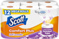 Scott ComfortPlus toilet paper, 12 triple rolls with 231 sheets per roll, septic-safe 1-ply tissue.