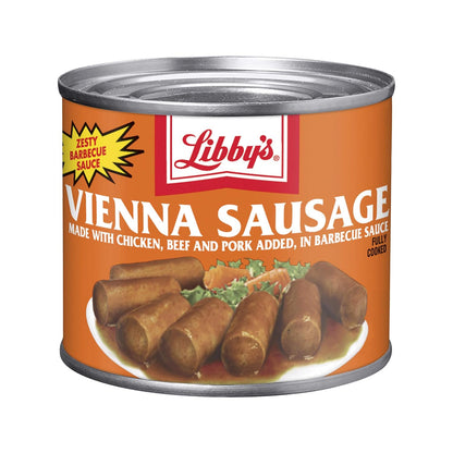 Libby's Vienna Sausage in Chicken Broth, canned sausage, 4.6 oz, pack of 24, with open can showing sausages inside.