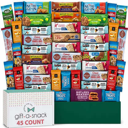 Nut Cravings healthy snack box variety pack with assorted snacks and a 60-count greeting card for gift-giving.