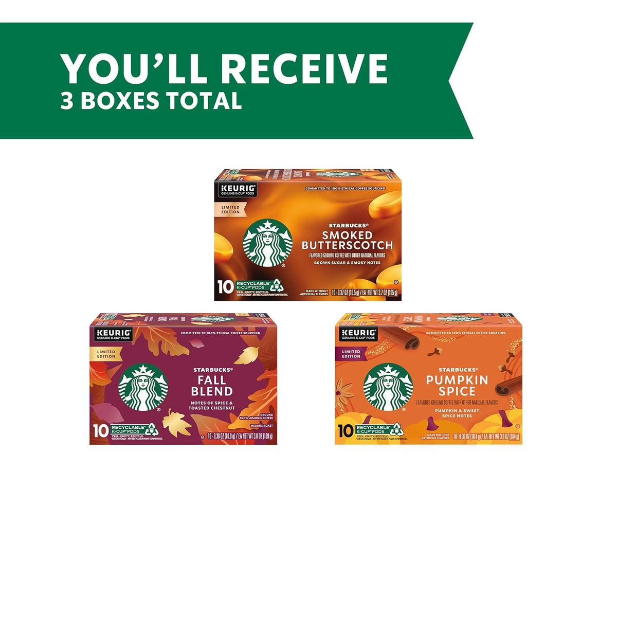 Starbucks K-Cup coffee pods fall bundle with medium roast and natural flavors for Keurig brewers, 30 pods in 3 boxes.