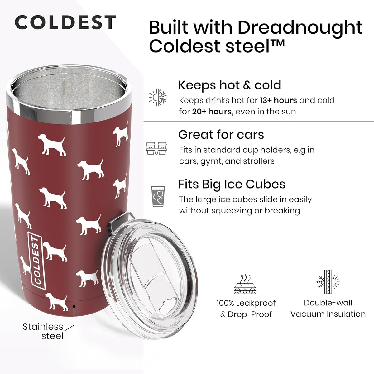 Coldest 20 oz Tumbler v2 hydration bottle with stainless steel body and black lid, designed for keeping drinks cold.